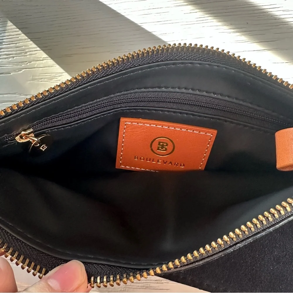 oulevard Navy Italian Suede Monogram Letter E Zipper Clutch Pouch NWOT